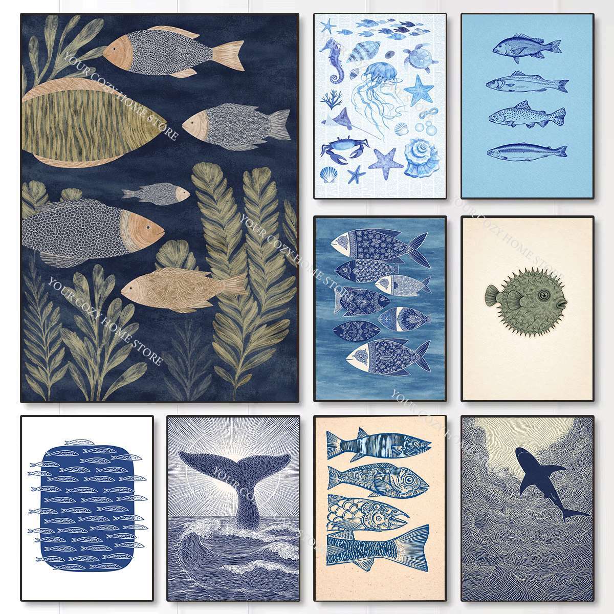 Home Decor Minimal - Poster Seni Ikan dan Gelombang Laut