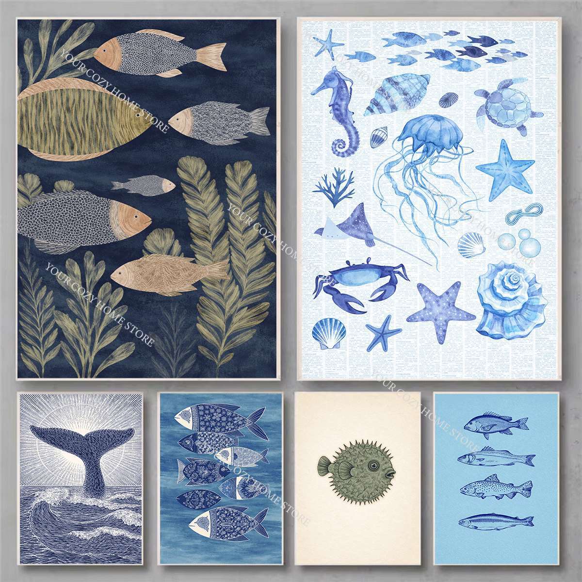 Poster Seni Ikan dan Gelombang - Home Decor Minimal ulasan dan harga