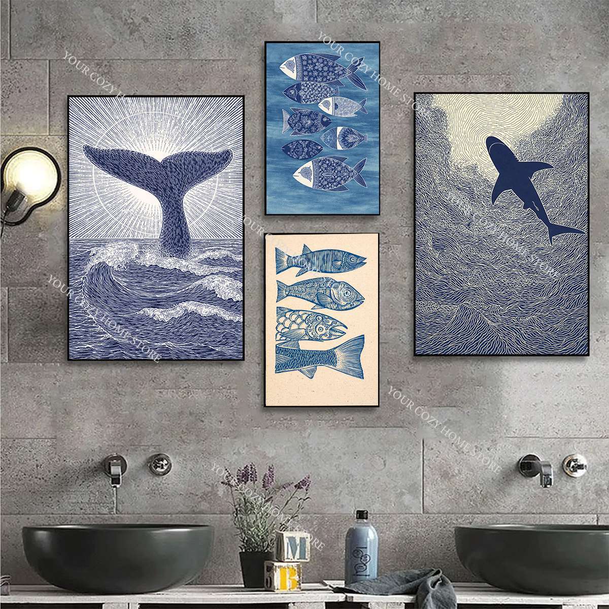 Poster Seni Ikan dan Gelombang - Home Decor Minimal ulasan dan harga