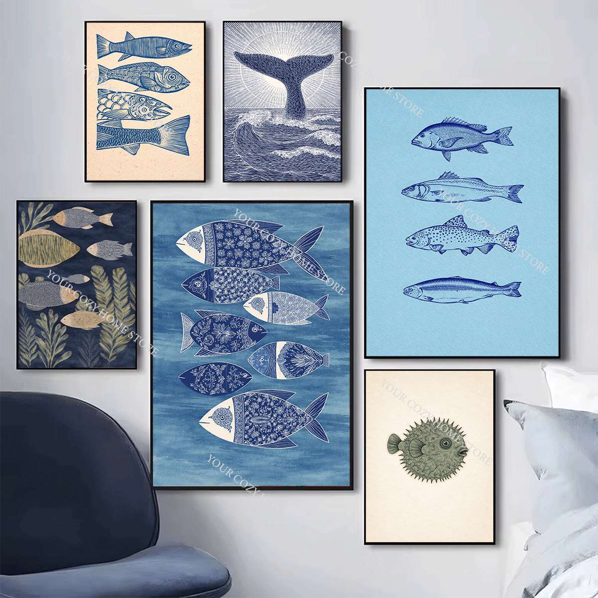 Poster Seni Ikan dan Gelombang - Home Decor Minimal ulasan dan harga